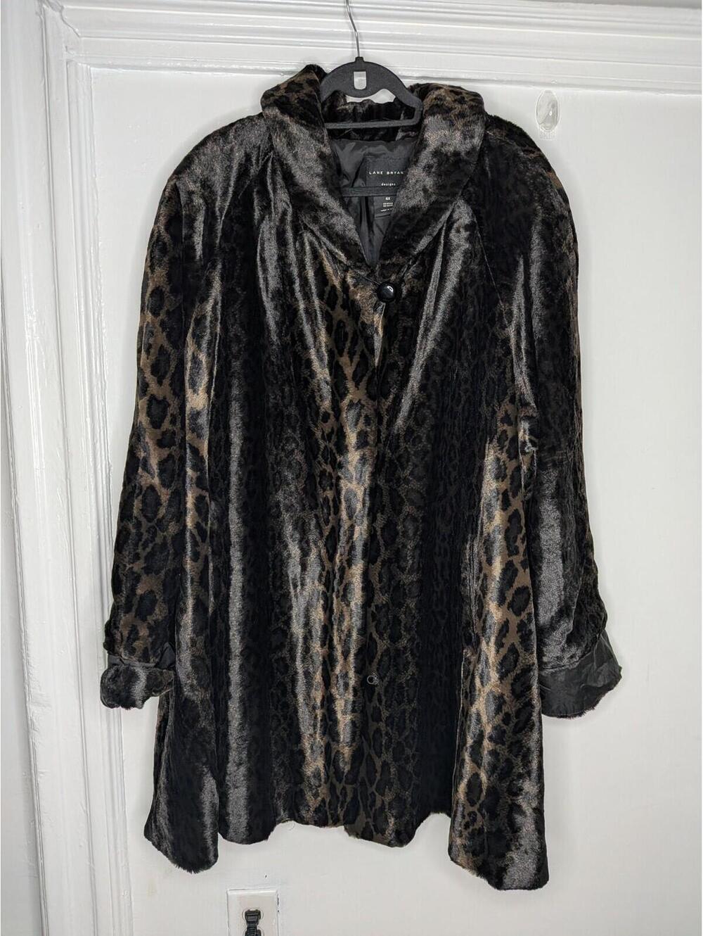 VTG Lane Bryant Coat Womens 4X Brown Leopard Faux Fur Mob Wife Old Money Y2K
